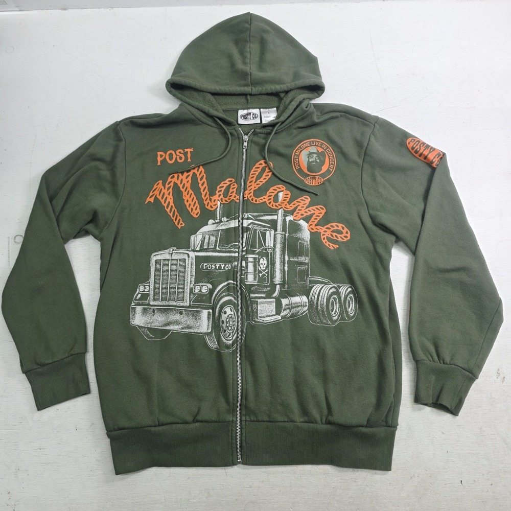 Post Malone Posty Co Full Zip Hoodie Men L Olive Green Live Concert Truck Rig VG